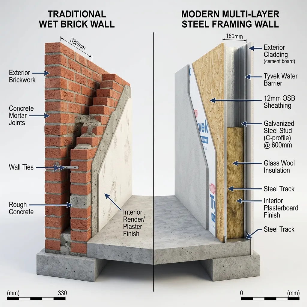 Esquema tecnico de muro Steel Framing vs Ladrillo Tradicional